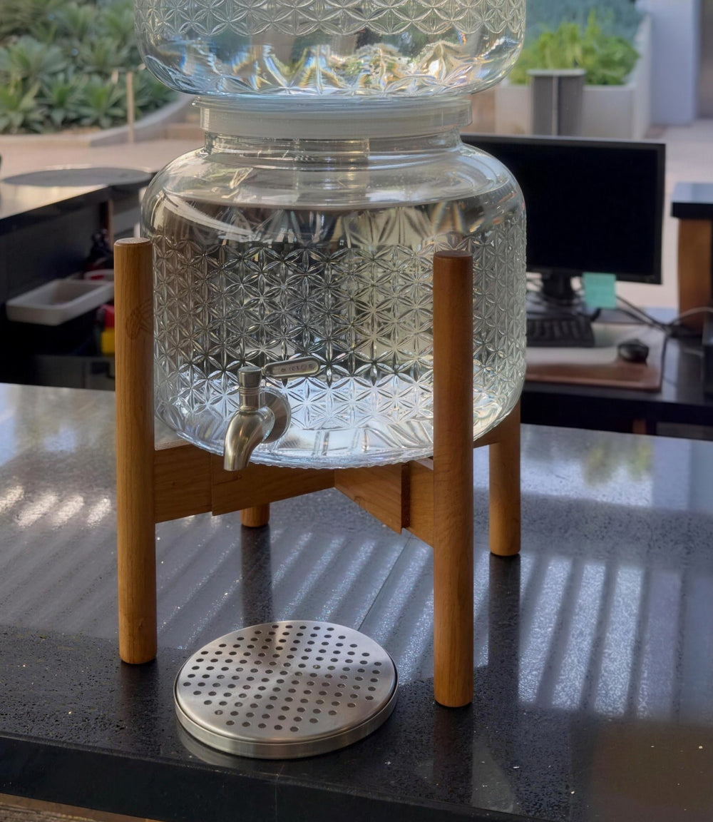 Wood Counter Stand holding an Alive Water glass dispenser