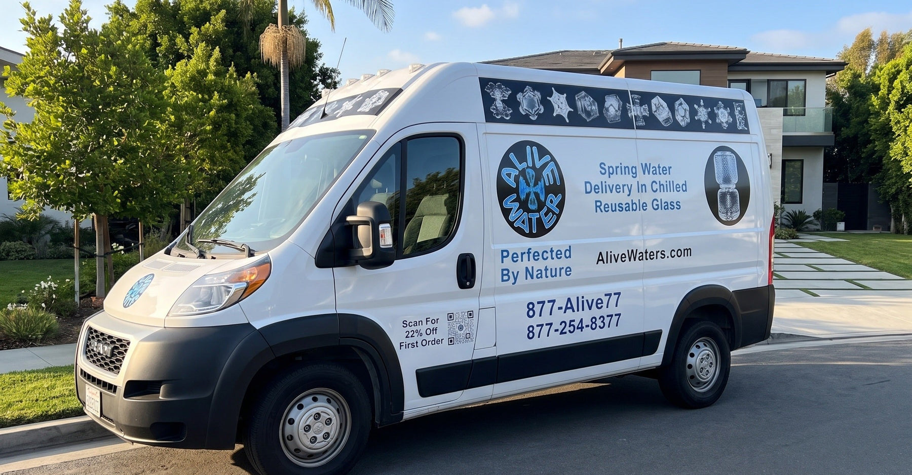 The Alive Water delivery van parked outside a modern California home