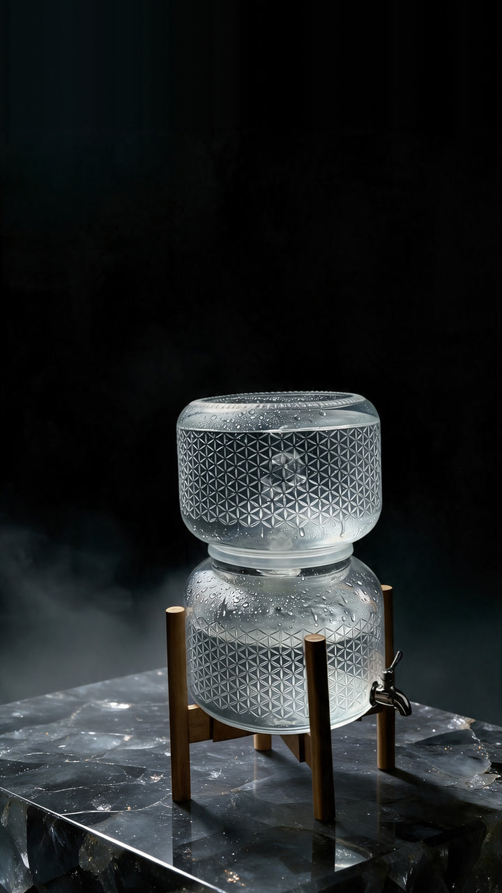 Alive Water glass jug on a dark smoky quartz countertop