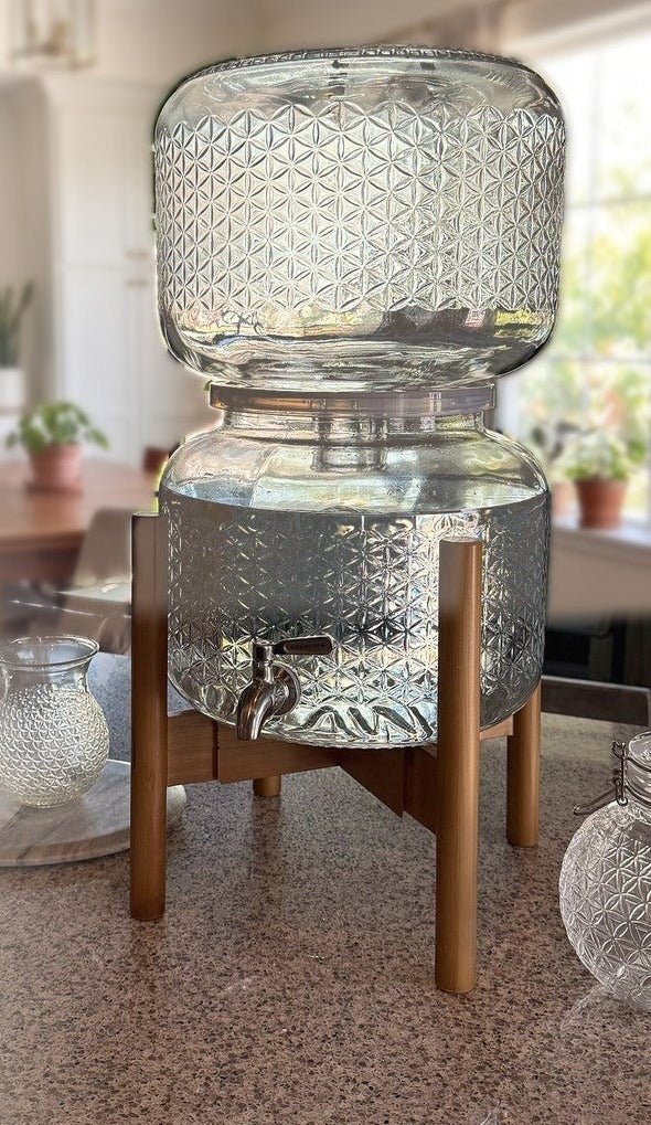 Wood Counter Stand raising an Alive Water glass dispenser on a kitchen counter